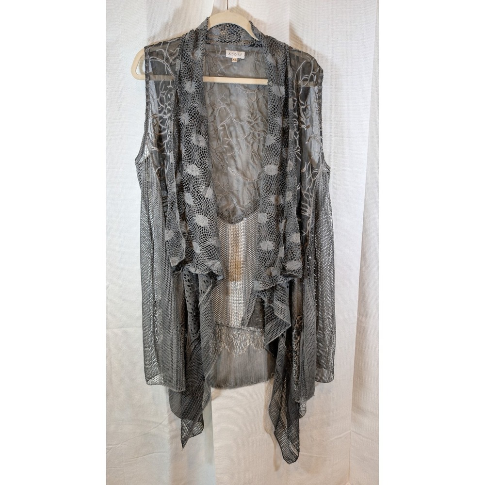 ADORE Boho Gray Mesh Lace Vest Sleeveless Duster Asymmetric Open XL - Picture 1 of 6